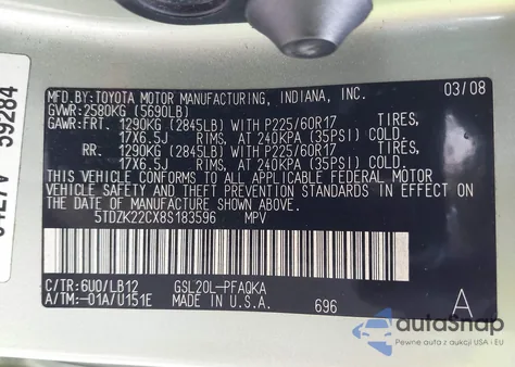 2008 Toyota Sienna Xle from USA, damaged, VIN 5TDZK22CX8S183596